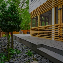 Wooden deck in a backyard
